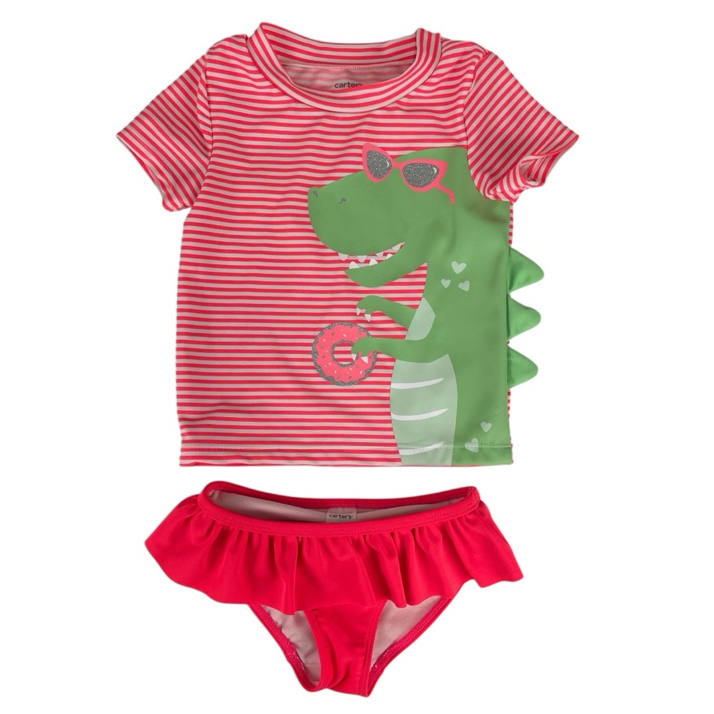 Carter's Girls Striped Dinosaur 2 Piece Swimsuit Rashguard Size 3T